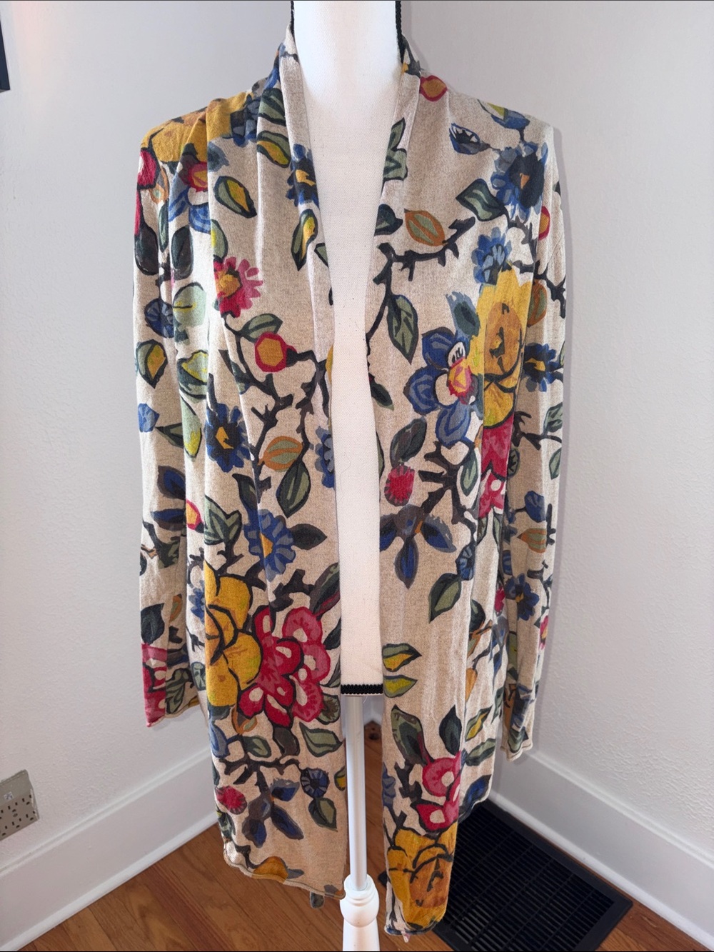 Anthro Tabitha Cream Floral Open-Front Cardigan with Multicolor Flowers Small
